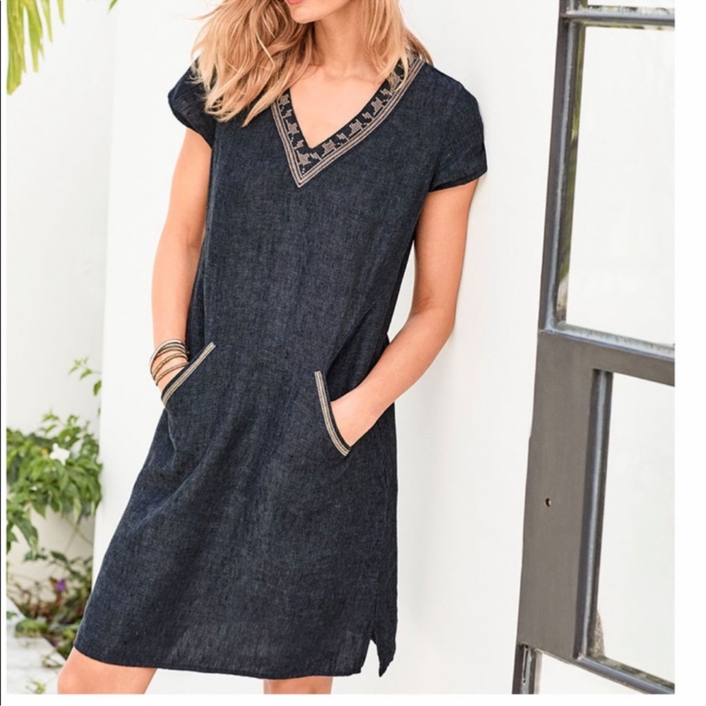 Garnet Hill Linen Embroidered Pocket Detail Coastal Grandma Beach Dress Size 16